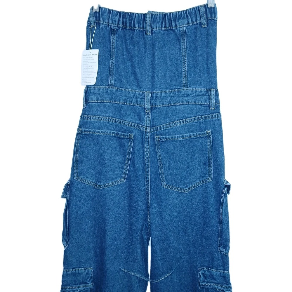 Loragal Women Denim Strapless Cargo Jumpsuit S Blue Utility Jean Medium Wash - Picture 5 of 7